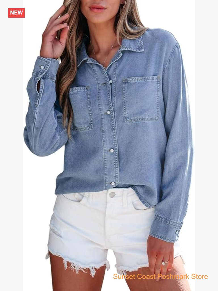 Women's Button Down Denim Shirt Long Sleeve Chambray Shacket Spring Blouse Top